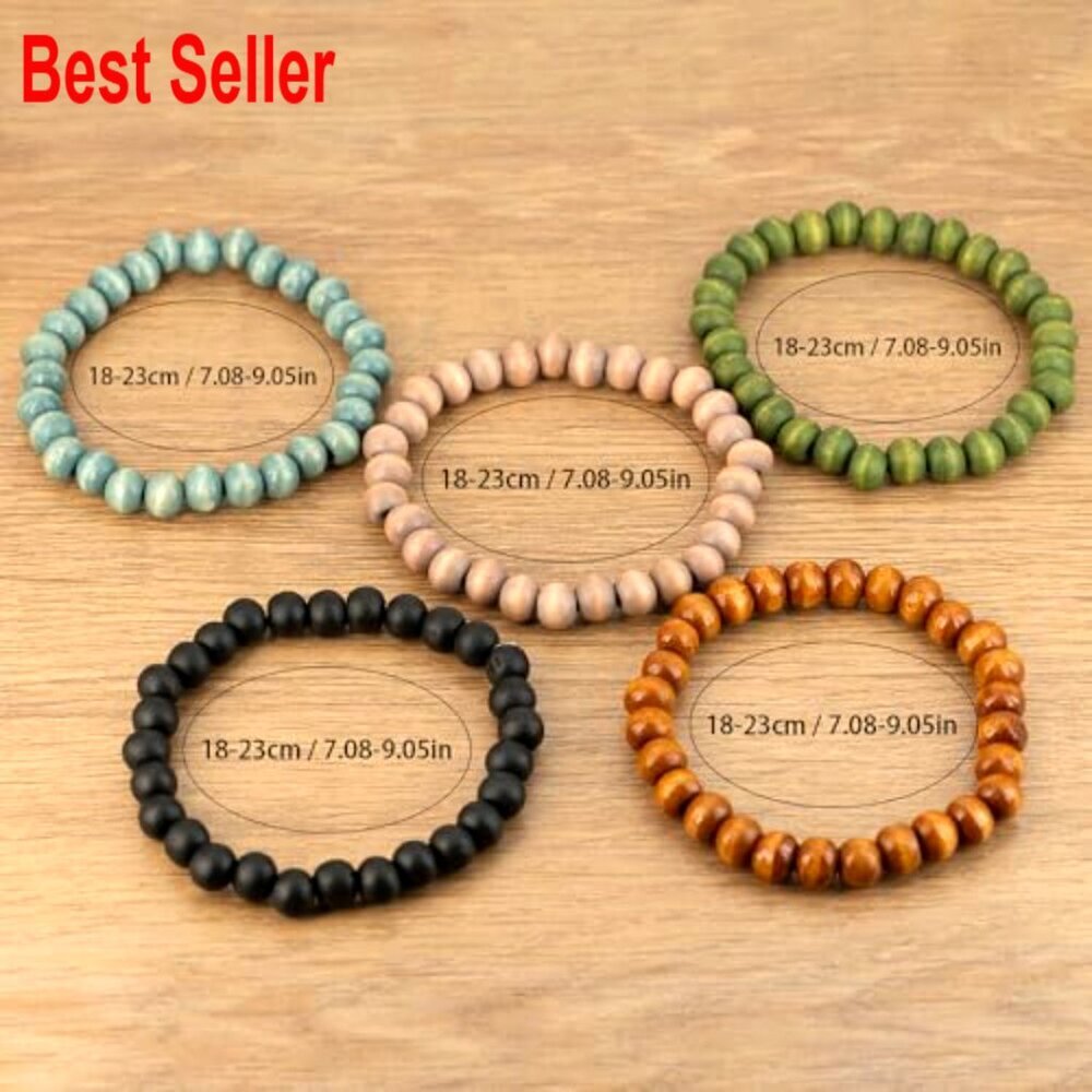 Wooden Bead Bracelets Set of 5 Elastic Bohemian Wrap Bangle - Picture 4 of 4